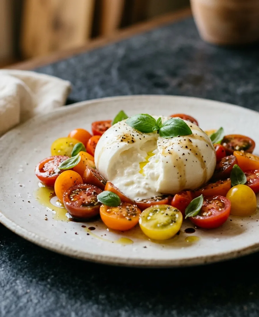 Burrata auf bunten Tomaten mit Basilikum